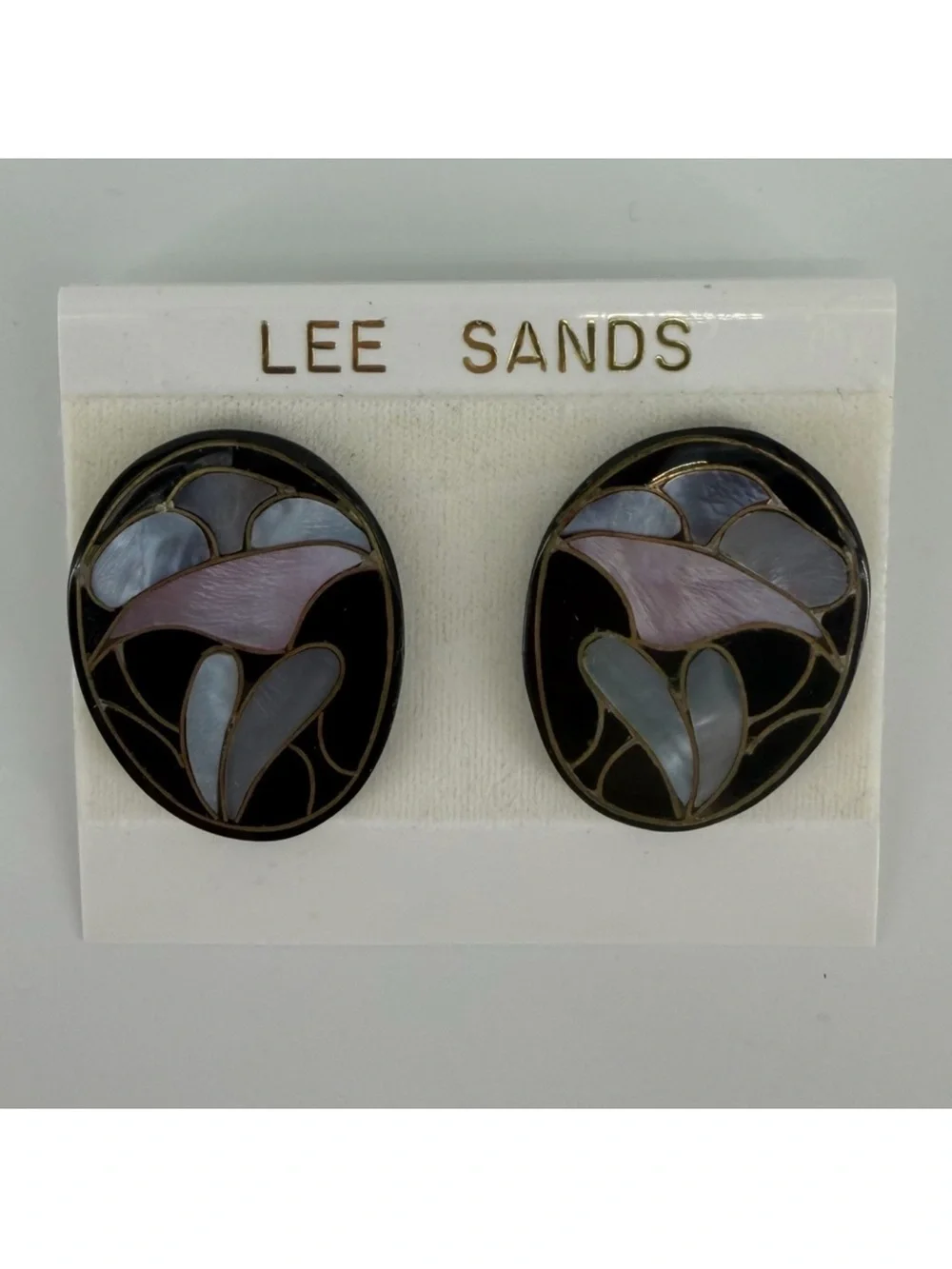 Vintage Lee Sands Mother of Pearl Inlay Black Floral Earrings